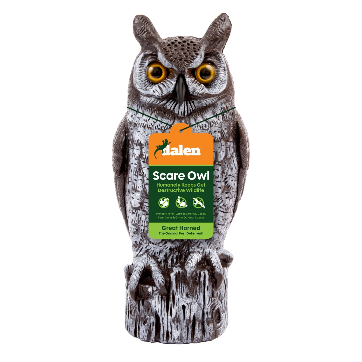 Dalen Fake Owl Decoy to Scare Birds Away from Gardens, Rooftops, and Patios - Scarecrow Provides Chemical-Free Pest Control - Safe and Humane, 16" Great Horned Owl