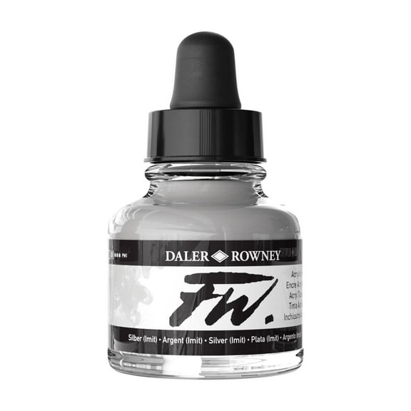 Daler-Rowney FW Acrylic Artists Ink, 1 oz. Dropper-Top Bottle, Silver