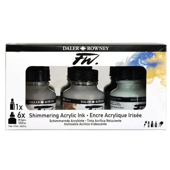 Daler-Rowney FW Acrylic Ink Shimmering Set with Empty Marker, Assorted Colors, 29.5ml, 6 Pieces