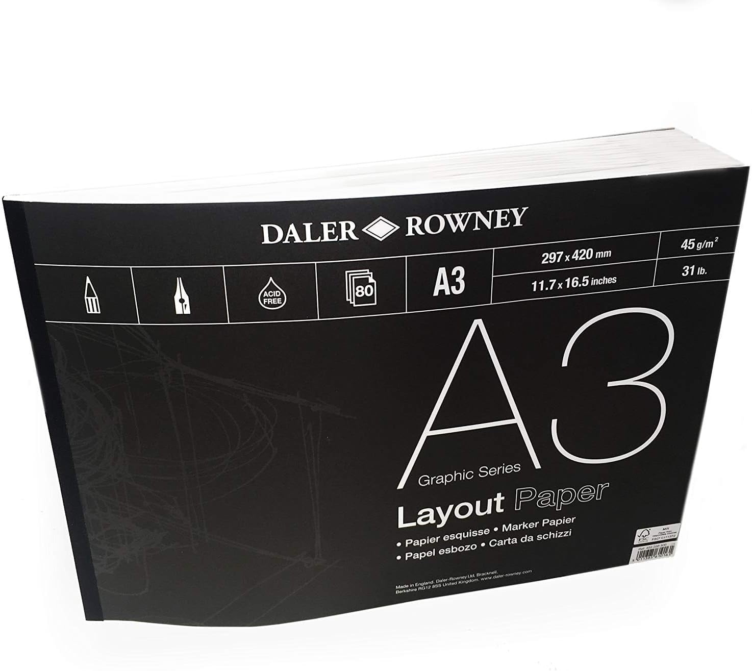Daler Rowney Layout Paper Pad - Graphic Series - 45gsm - 80 Pages - A3 Landscape
