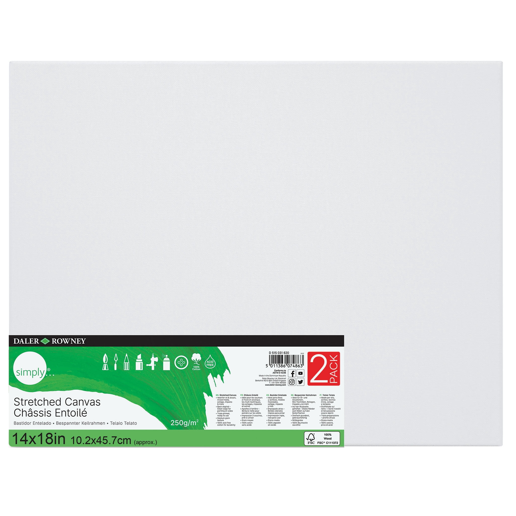 Daler-Rowney Simply 14" x 18" Stretched Canvas Pack, 2 Piece - Art Students, Kids and Artists