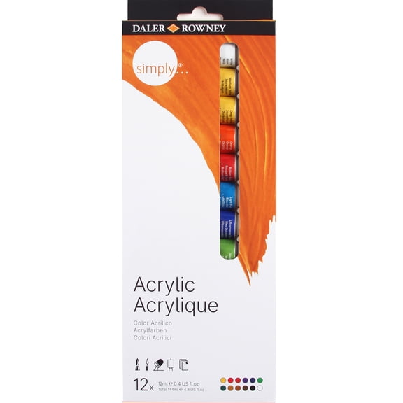 Daler-Rowney Simply Acrylic Paint Set, 12 Assorted Colors, 12 ml / 0.4 Fl. Oz.