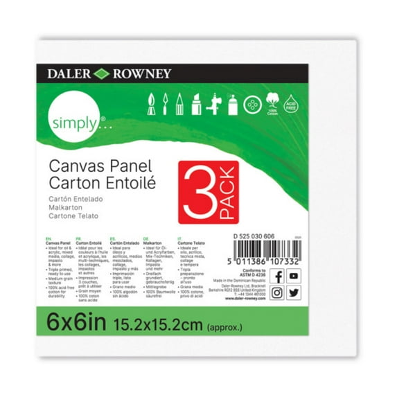 Daler-Rowney Simply Canvas, White Panel, 6" x 6", 3 Piece - Teens, Students, Artists, Kids