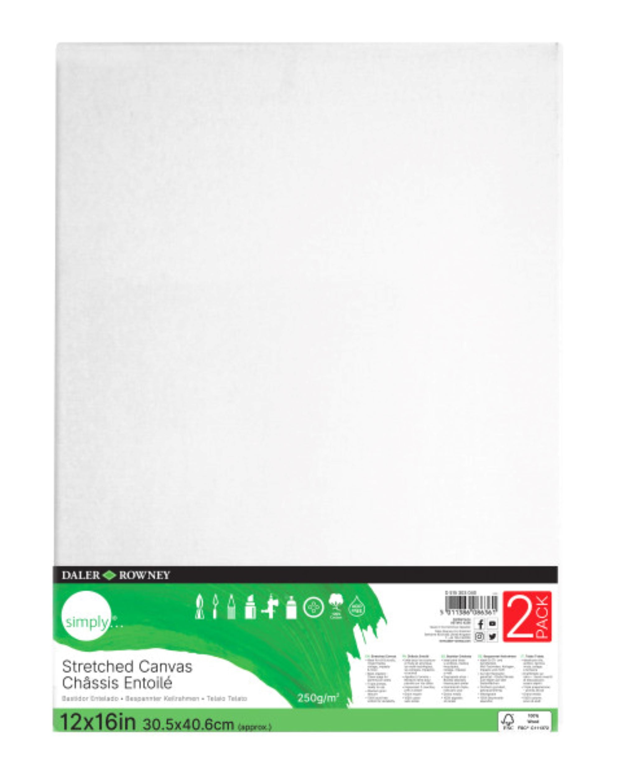 Daler-Rowney Simply Canvas, White Stretched, 12x16 inch, 2 Pieces - Students, Teens, Kids, Artists