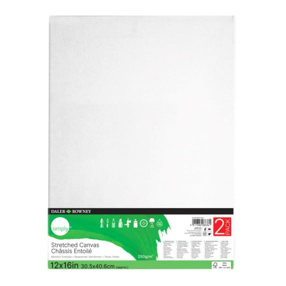Daler-Rowney Simply Canvas, White Stretched, 12x16 inch, 2 Pieces - Students, Teens, Kids, Artists