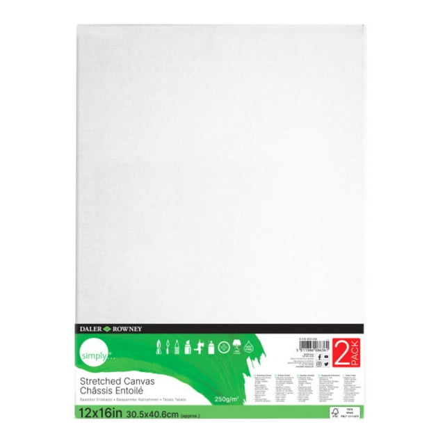 Daler-Rowney Simply Canvas, White Stretched, 12x16 inch, 2 Pieces - Students, Teens, Kids, Artists