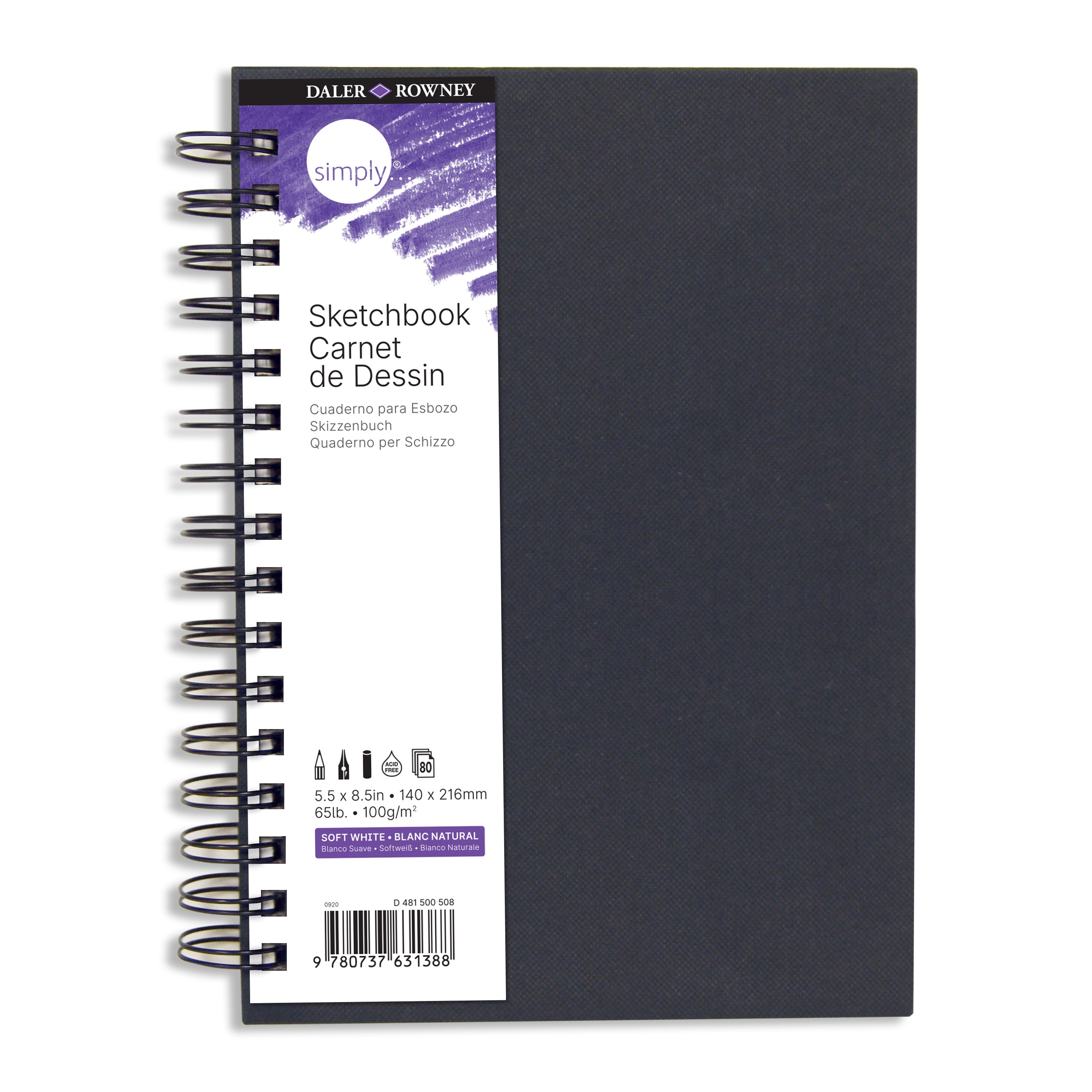 Daler-Rowney Simply... Sketchbook, Soft White Pages, (65lb/100g), Black Cover with Wire Binding, 80 Sheet, 5.5" x 8.5"