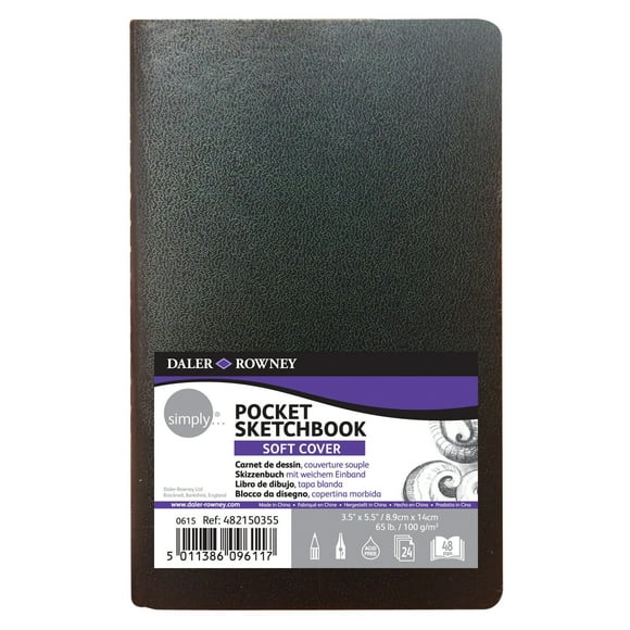 Daler-Rowney Simply... Sketchbook, Soft White Pages, (65lb/100g), Black Softcover Binding, 72 Sheet, 3.5" x 7.5"