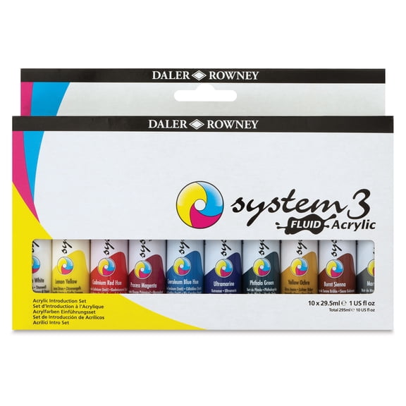 Daler-Rowney System 3 Fluid Acrylic Introduction Set, 29.5ml Bottles, 10 Colors