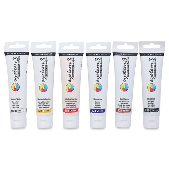 Daler-Rowney System3 Heavy Body Acrylic Paint - Starter Set, Assorted Colors, Set of 6, 59 ml, Tubes