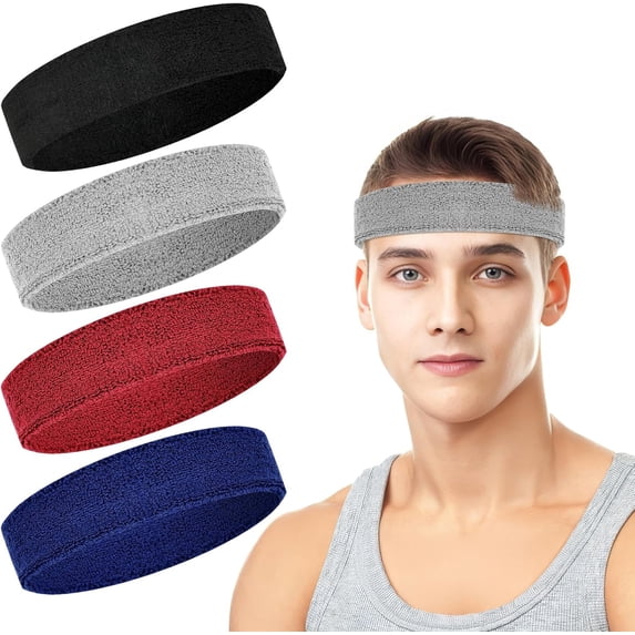 Daletu 4 Pack Cotton Terry Sweat Headbands for Men & Women, Absorbent Sports Headbands for Running, Gym, Basketball, Tennis