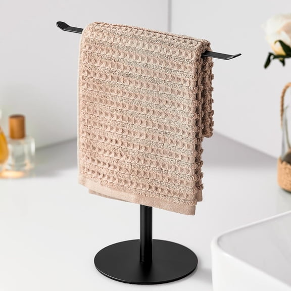 Daletu Silver Hand Towel Holder Stand – Countertop T-Shaped Stainless Steel Towel Rack with Non-Slip Base for Vanity and Kitchen