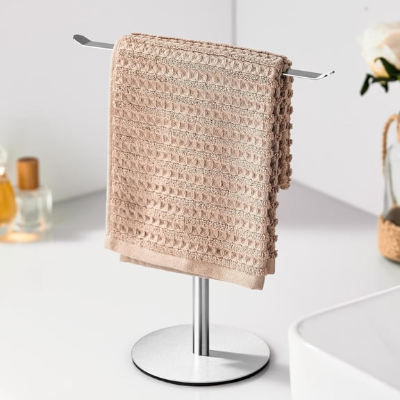 Daletu Silver Hand Towel Holder Stand – Countertop T-Shaped Stainless Steel Towel Rack with Non-Slip Base for Vanity and Kitchen