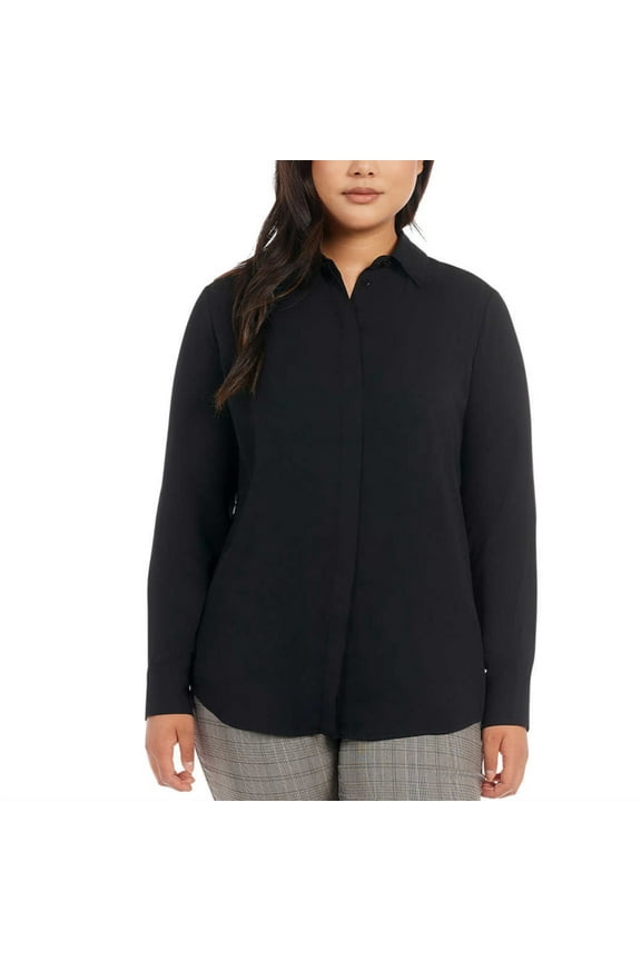 Women's Long sleeve High Low Hem Woven Button Down Blouse Top-Black / XL