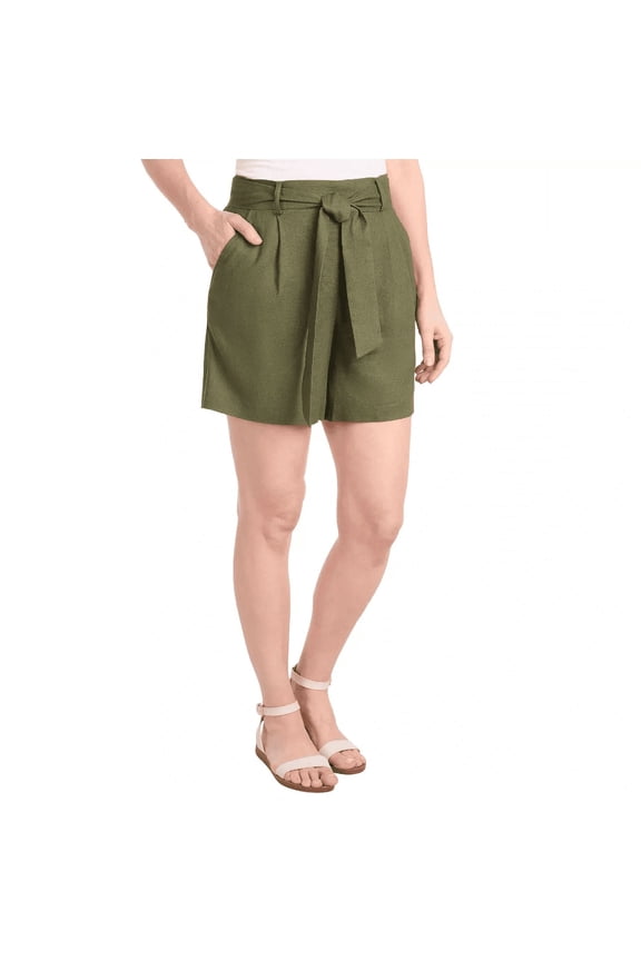 Womens Tie Front Linen Blend Short Olive Large