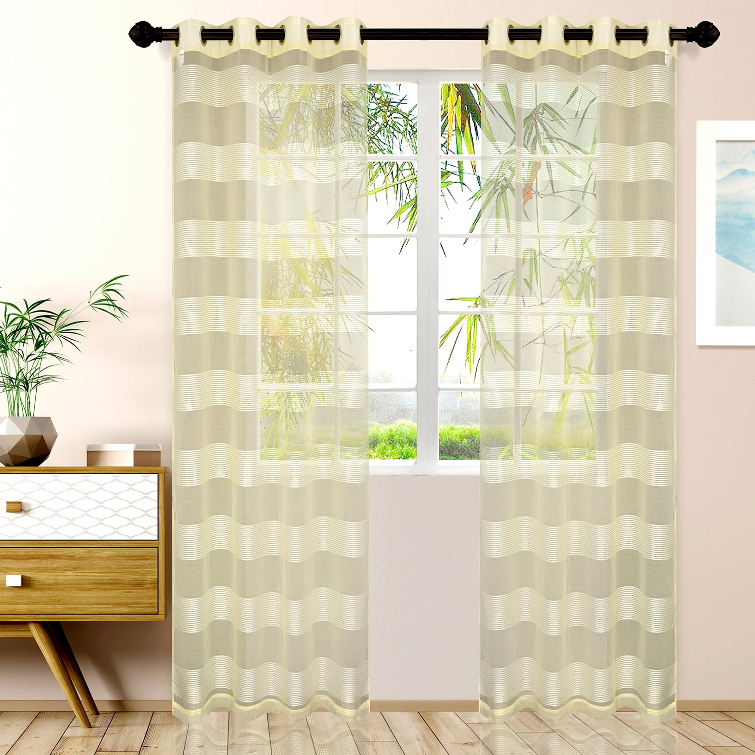 Cream 52" x 96" Rope Stripe Sheer Grommet Curtain Panels