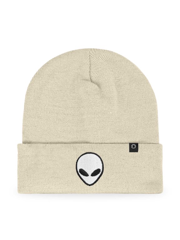 Alien Embroidered Beanie Hat Knit Cap Cold Weather Mens in Beige