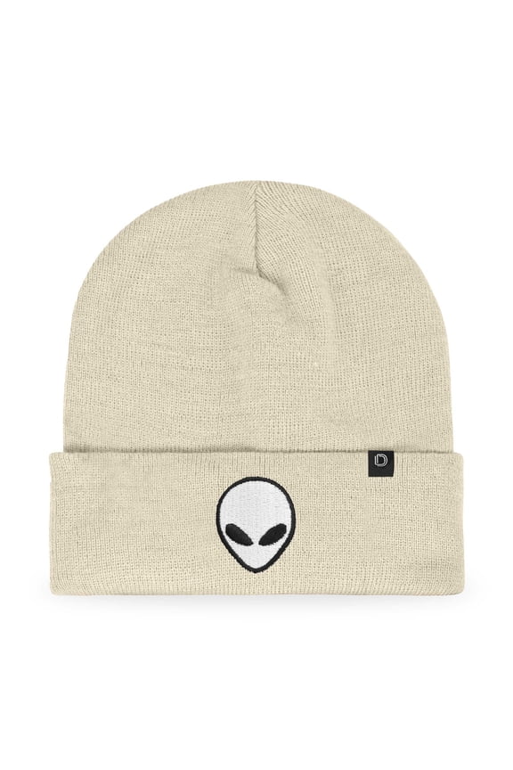 Alien Embroidered Beanie Hat Knit Cap Cold Weather Mens in Beige