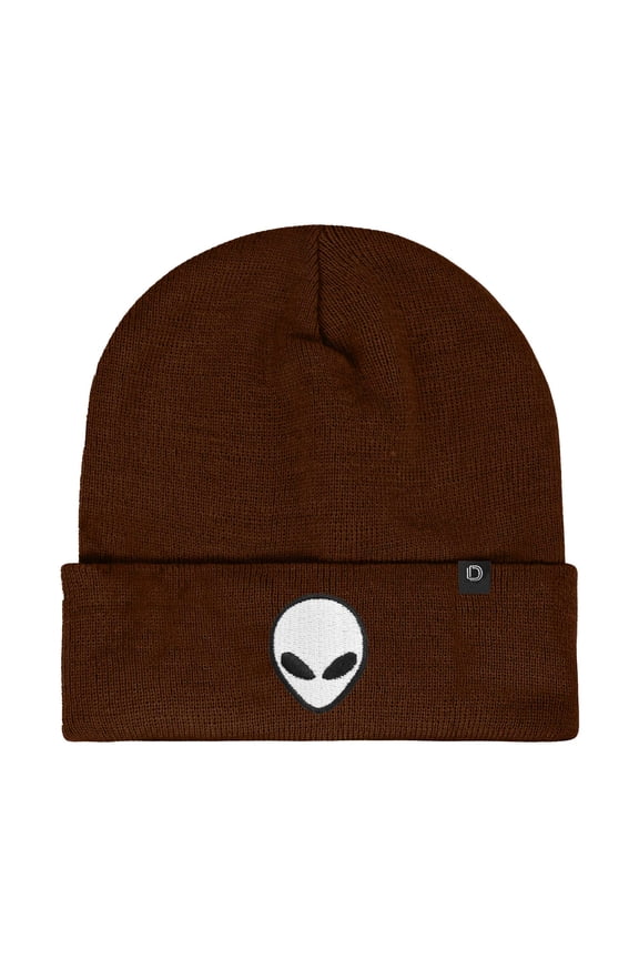 Alien Embroidered Beanie Hat Knit Cap Cold Weather Mens in Brown