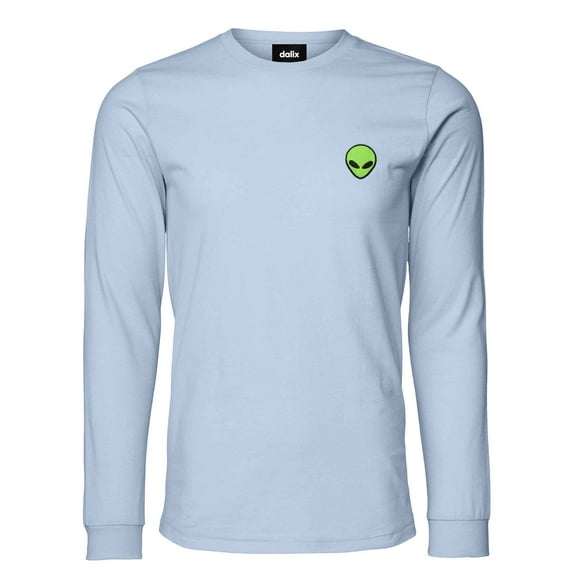 Dalix Alien Embroidered Cotton Classic Fit Long Sleeve Crewneck Tee Shirt Mens in Baby Blue XL X-Large