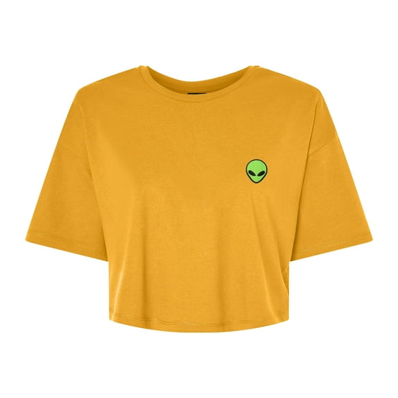 Dalix Alien Embroidered Cotton Relaxed Fit Flowy Short Sleeve Crewneck Tee Shirt Womens in Mustard M Medium