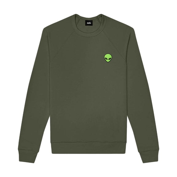 Dalix Alien Embroidered Fleece Crewneck Long Sleeve Sweatshirt Mens in Military Green M Medium