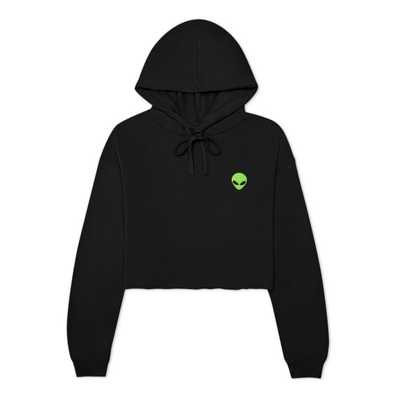 Dalix Alien Embroidered Fleece Cropped Hoodie Cold Fall Winter Women in Black XL X-Large