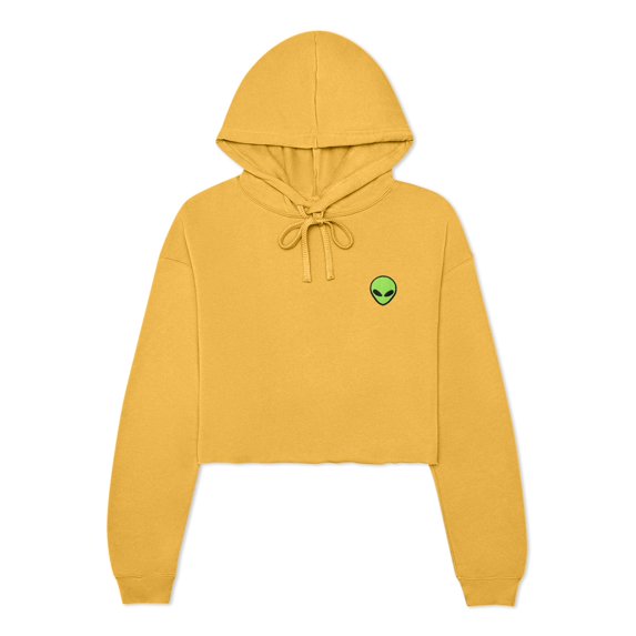 Dalix Alien Embroidered Fleece Cropped Hoodie Cold Fall Winter Women in Heather Mustard M Medium
