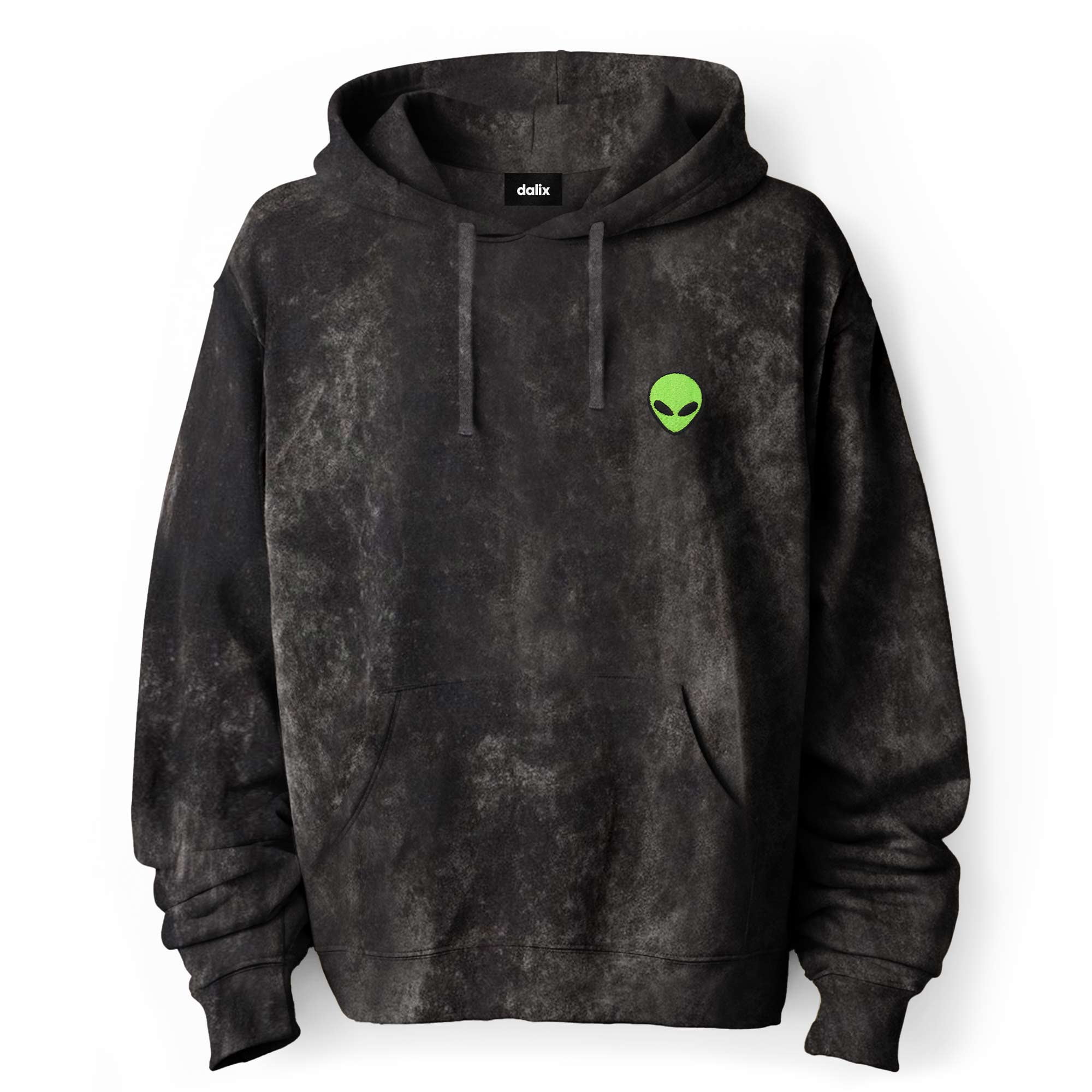 Dalix Alien Embroidered Fleece Hoodie Mineral Wash Long Sleeve