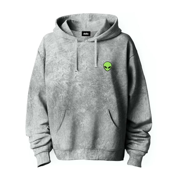 Dalix Alien Embroidered Fleece Hoodie Mineral Wash Long Sleeve Sweatshirt Mens in Gray XL X-Large