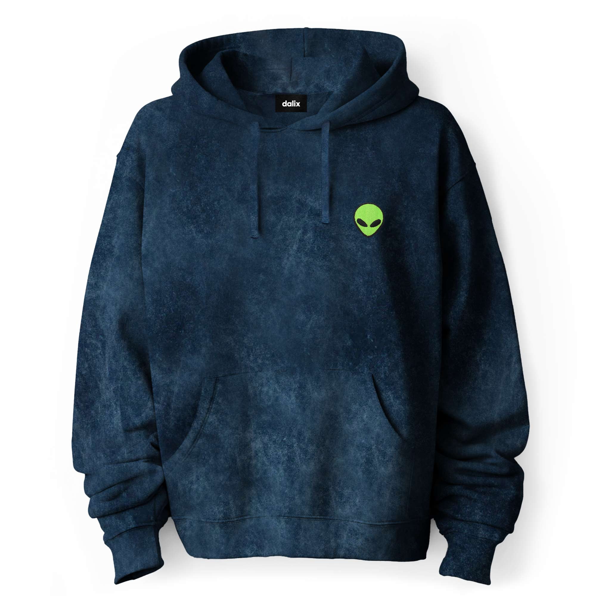 Dalix Alien Embroidered Fleece Hoodie Mineral Wash Long Sleeve