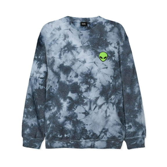 Dalix Alien Embroidered Fleece Tie Dye Wash Long Sleeve Crewneck Sweatshirt Mens in Tie Dye Black M Medium