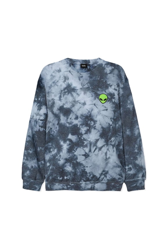 Alien Embroidered Fleece Tie Dye Wash Long Sleeve Crewneck Sweatshirt Mens in Tie Dye Black M Medium