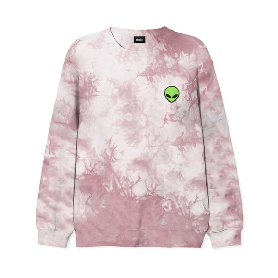 Dalix Alien Embroidered Fleece Tie Dye Wash Long Sleeve Crewneck Sweatshirt Mens in Tie Dye Pink M Medium
