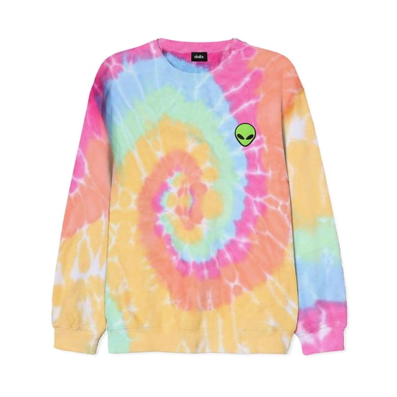 Dalix Alien Embroidered Fleece Tie Dye Wash Long Sleeve Crewneck Sweatshirt Mens in Tie Dye Rainbow XL X-Large