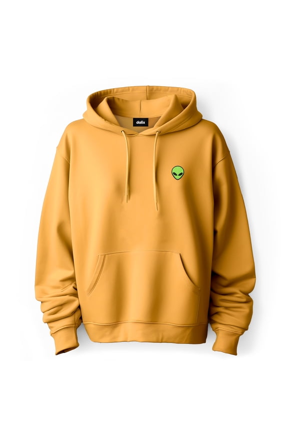 Alien Embroidered Fleece Zip Hoodie Cold Fall Winter Mens in Gold L Large