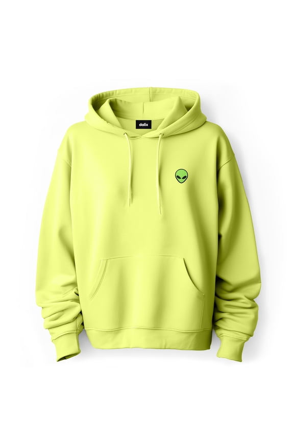 Alien Embroidered Fleece Zip Hoodie Cold Fall Winter Mens in Safety Green L Large