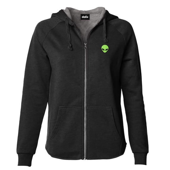 Dalix Alien Embroidered Fleece Zip Washed Hoodie Cold Fall Winter Women in Black XL X-Large