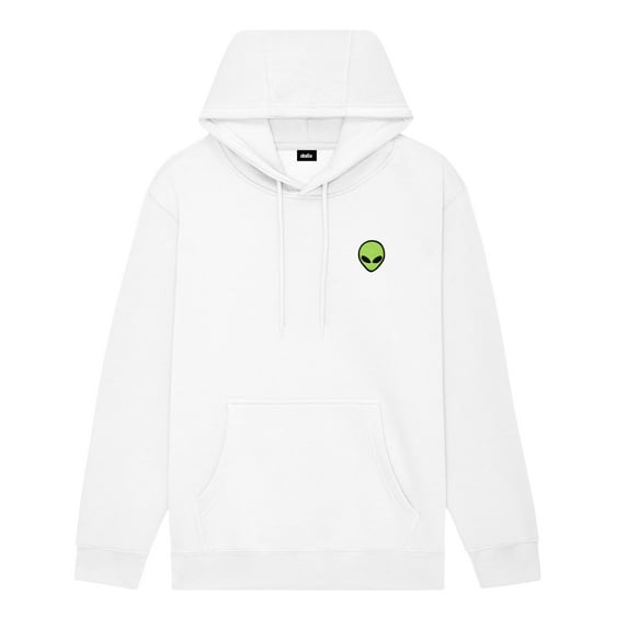 Dalix Alien Embroidery Relaxed Hoodie Soft Fleece Sweatshirt Drawcord Fit Lounge Mens in White XL X-Large