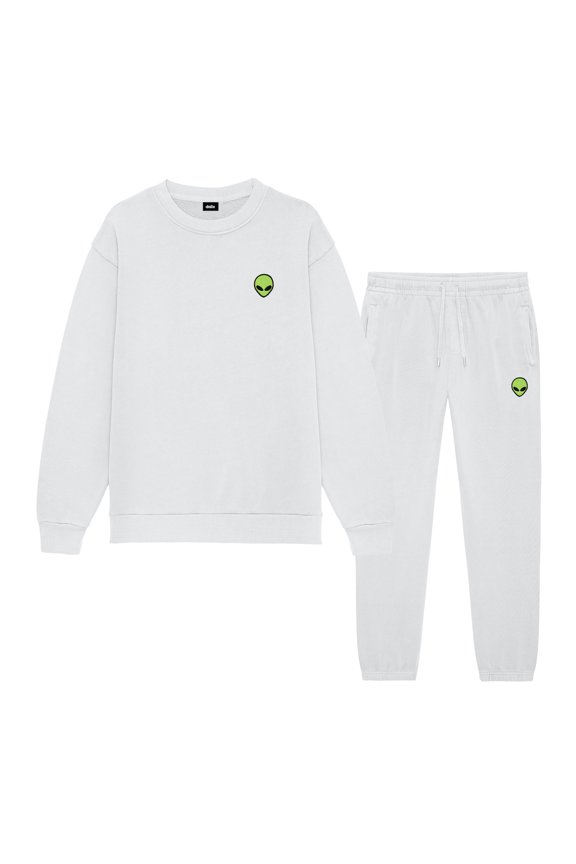 Alien Embroidery Relaxed Sweatsuit Set Crewneck Jogger Soft Fleece Relaxed Fit Lounge Mens in Lunar Gray M Medium