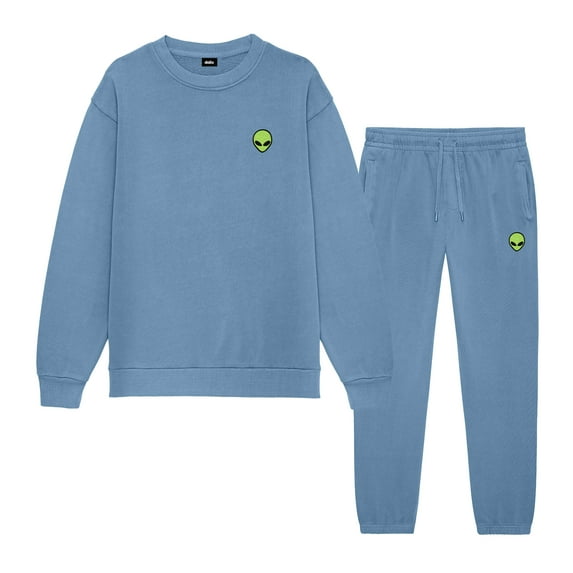 Dalix Alien Embroidery Relaxed Sweatsuit Set Crewneck Jogger Soft Fleece Relaxed Fit Lounge Mens in Pebble Blue XS X-Small