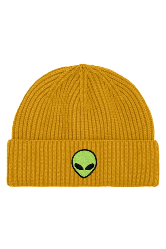 Alien Fisherman Beanie Hat Winter Knit Cuffed Watch Cap Mens in Mustard