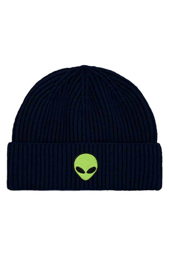 Alien Fisherman Beanie Hat Winter Knit Cuffed Watch Cap Mens in Navy Blue