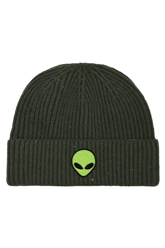 Alien Fisherman Beanie Hat Winter Knit Cuffed Watch Cap Mens in Olive
