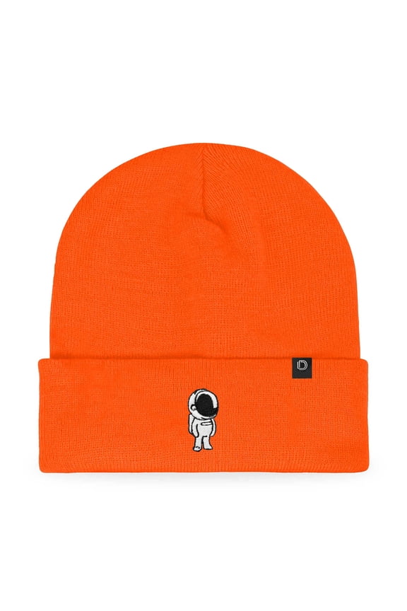 Astronaut Embroidered Beanie Warm Winter Space Cadet Knit Hat for Men in Neon Orange