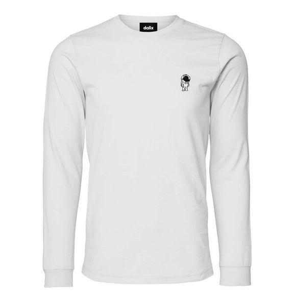 Dalix Astronaut Embroidered Cotton Classic Fit Long Sleeve Crewneck Tee Shirt Mens in White S Small
