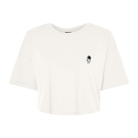 Dalix Astronaut Embroidered Cotton Relaxed Fit Flowy Short Sleeve Crewneck Tee Shirt Womens in Vintage White S Small