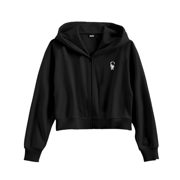 Dalix Astronaut Embroidered Fleece Cropped Zip Hoodie Cold Fall Winter Womens in Black L Large