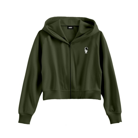 Dalix Astronaut Embroidered Fleece Cropped Zip Hoodie Cold Fall Winter Womens in Military Green S Small
