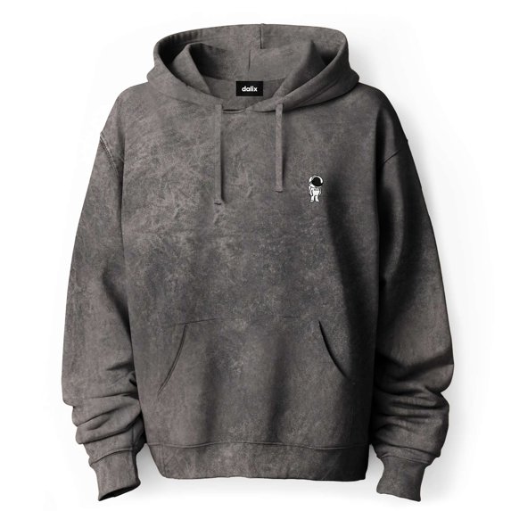 Dalix Astronaut Embroidered Fleece Hoodie Mineral Wash Long Sleeve Sweatshirt Mens in Gray XL X-Large